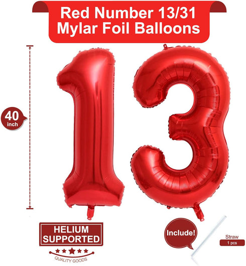 40 Inch Red 13 Number Balloons, Giant 13 or 31 Balloons for Birthday Anniversary Party Decorations