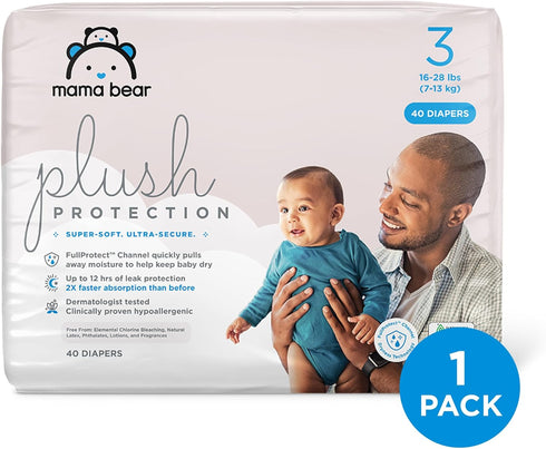 3, 40 Count, Amazon Brand - Mama Bear Plush Protection Disposable Baby Diapers, Hypoallergenic, Fragrance-Free, Leak