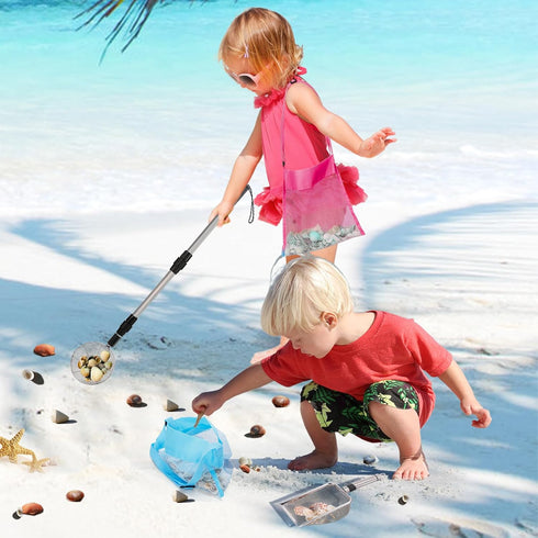 2 Pack 21.8in~34in Biggun Shark Tooth Sifter with Seashell Bags, Adjustable Sand Sifter & Beach Shovel, Beach Sand Toys