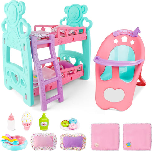 deAO Baby Doll Accessories Bunk Bed Crib & High Chair,Doll Furnitures Toy