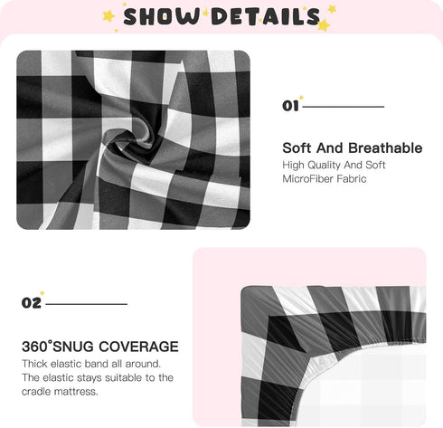 Emelivor Pack 39x27IN Black White Buffalo Plaid Crib Sheets for Boys Girls and Play Sheets Breathable Mini Fitted Crib