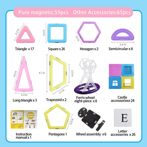 124PCS 3 4 5 6 7 8+Year Set Magnetic Tiles Toys for Old Boys Girls Upgrade Macaron Castle Blocks Building for Toddlers