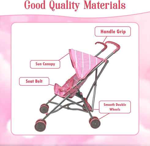 Set 12" Set Baby Doll with Stroller - Baby Doll with Pacifier Gift - Pink Fabric Baby Stroller Toy for Kids - Foldable