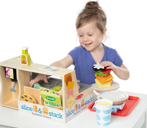 Melissa & Doug Wooden Slice & Stack Sandwich Counter with Deli Slicer – 56-Piece Pretend Play Food Set