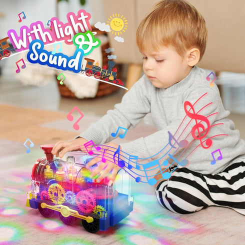 Kizeefun Light Up Train Toy for Toddlers: Educational Crawling Transparent Gear Car Toy with Cool Light and Music