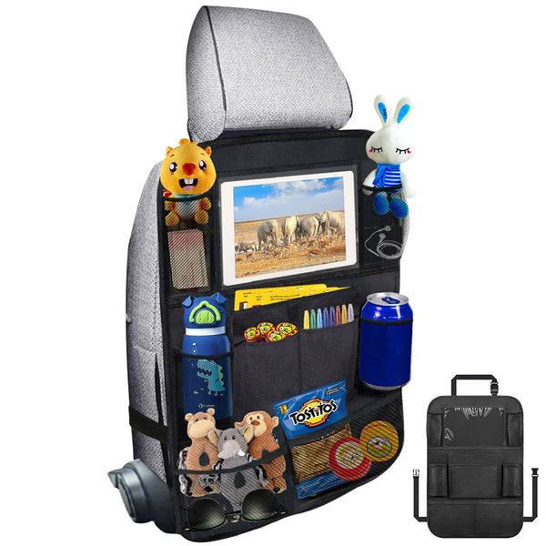 Ecurfu Backseat Car Organizer with 10 Compartments, 10 Inch Tablet Holder, Waterproof Storage Bag for Kids Cars (Black)