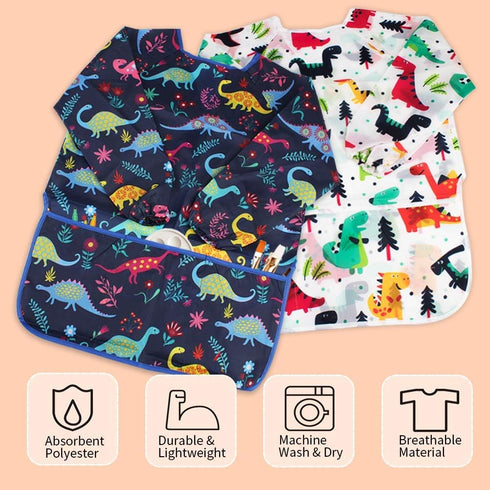 Kids Art Smocks 2 Pack, Dinosaur Painting Apron for Children, Waterproof Artist Smock with Long Sleeve and Pockets