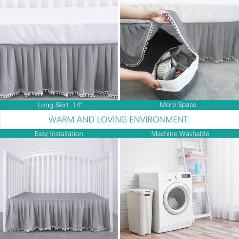 14" Crib Bed Skirt Grey Pleated with White Lovely Pompoms, Bedding Dust Ruffle for Boys, Drop, Fit All Standard Crib