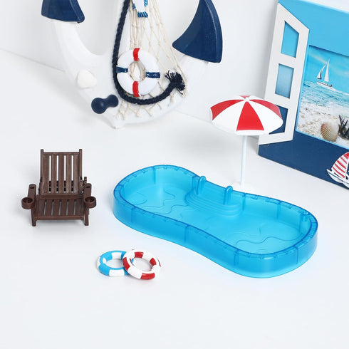 Abaodam Miniature Swimming Pool 5 Pieces Dollhouse Decoration with Beach Chair, Umbrella for DIY Fairy Garden