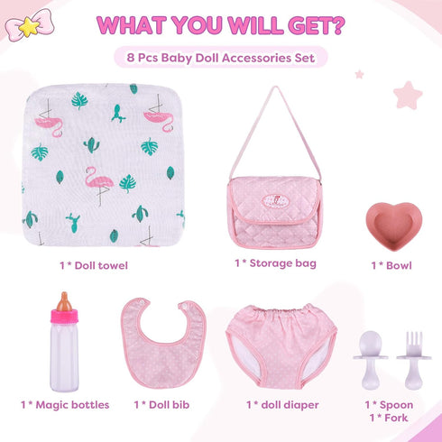 8 Set 17-22 inch BABESIDE Pcs Baby Doll Diaper Bag for Dolls, Baby Doll Feeding Accessories with Disappearing Milk Toy