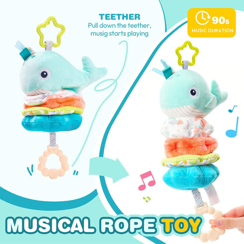 0-6-12-18 Jollybaby Baby Musical Pull String Hanging Toy for Stroller Car Seat Crib Play Gym, Plush Stuffed Whale Toy