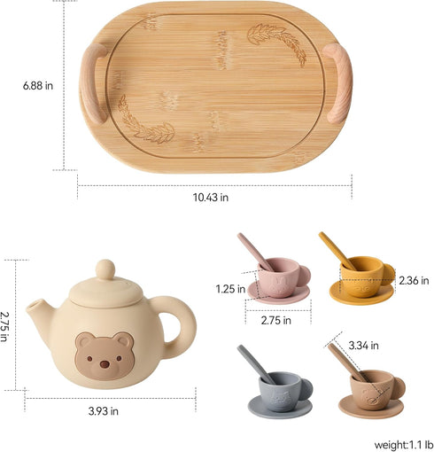 Set 1-3 Set 3 4 5 (15 Tea Party for Little Girls Kids Tea with Silicone Teapot Cups Coasters Carrying Scoop Wooden