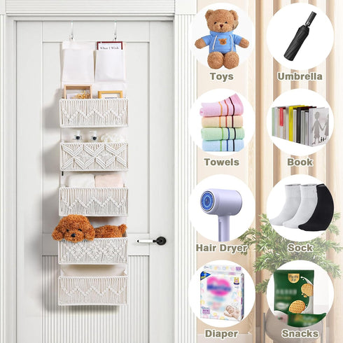 5 Closet ANTIS'S HOME Over the Door Organizer Macrame Boho Nursery Storage with Large Woven Pockets, Hanging Basket