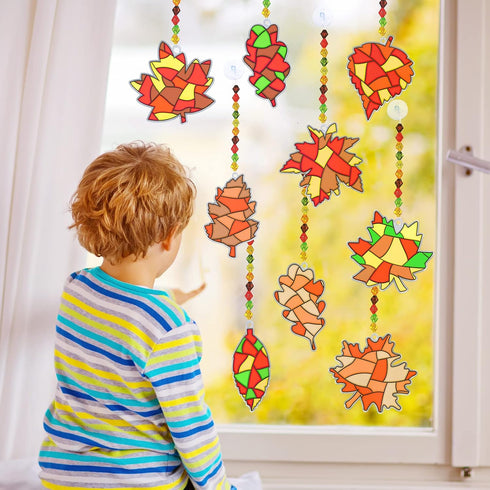 27 Sets Winlyn Fall Leaf Suncatchers Ornaments Decorations DIY Window Paint Art Suncatchers Craft Kits Autumn Maple