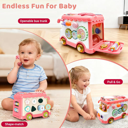 DELUTIQUE 1 12-18 1-3, 1st Baby Bus Toy for Year Old Girl Gifts, Montessori Musical Bus Toy for Baby Months, Baby Piano