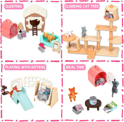 43Pcs Cat Figures Playset, Interactive Pretend Play Kit, Realistic Cats Care Center for Girls Boys Age 3 4 5 6+,