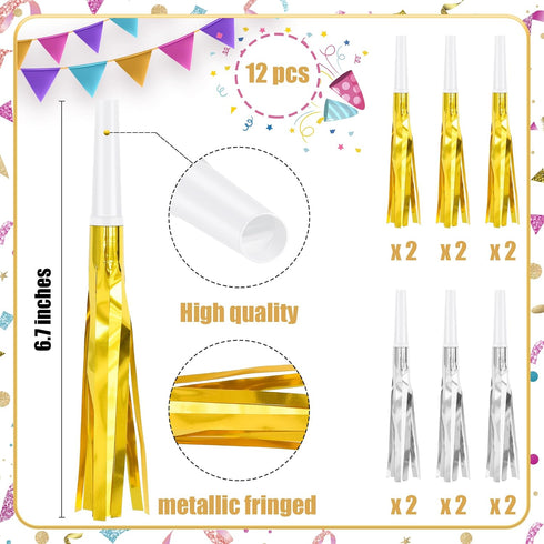 Twavang 12 Pcs Glitter Noise Makers Metallic Fringed Party Blower for Adults Birthday Graduation New Years Party Favors