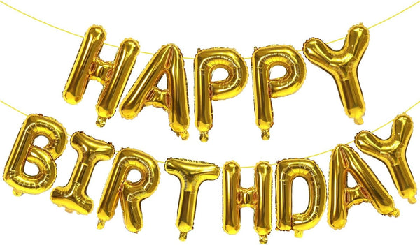 Gold Happy Birthday Balloons Banner, 16 Inch Mylar Foil Letters Sign, Reusable Balloons for Birthday Decorations Party