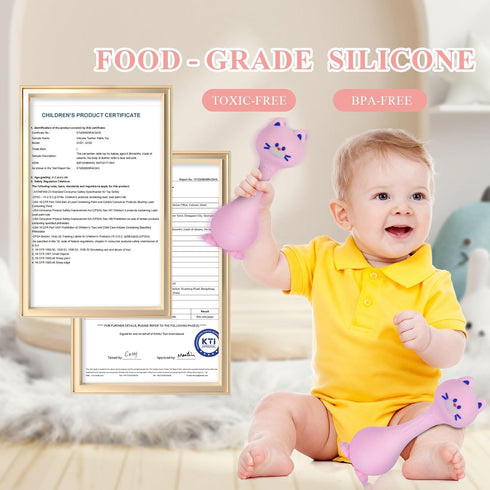 0-12 Baby Rattle Teething Toys Cat Silicone Teether Rattles for Baby Months Food Grade Silicone (Pink)