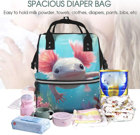 Qewfoju Backpack Backpack Cute Underwater Axolotl Print Diaper Bag Large Capacity Diaper Baby Changing Bags