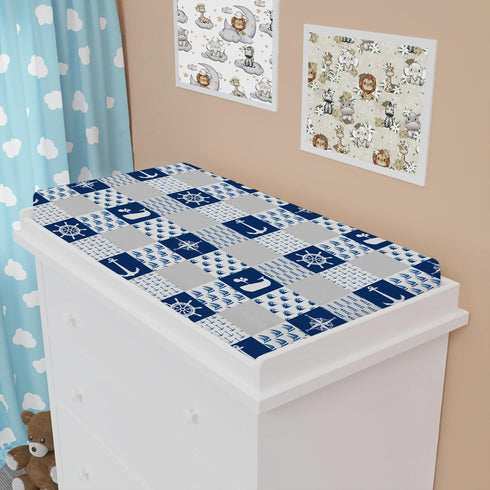 Navy Nautical Life Changing Pad Cover, Marine Ocean Lighthouse Compass Whale, 32''x16'' Soft Stretchy Fitted