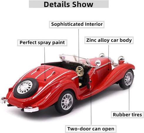 1:28 Scale Diecast Metal Antique Classic Model Cars, Collectible Toy Gifts in Red, Length 6.5in/16.8cm