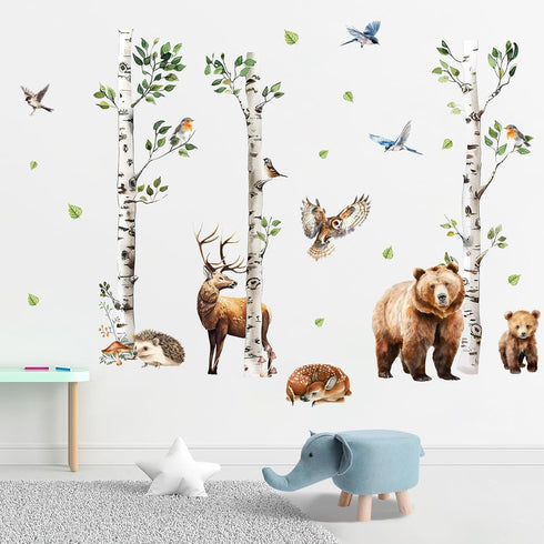 Mfault Forest Animal White Birch Tree Wall Decals Stickers, Woodland Bear Deer