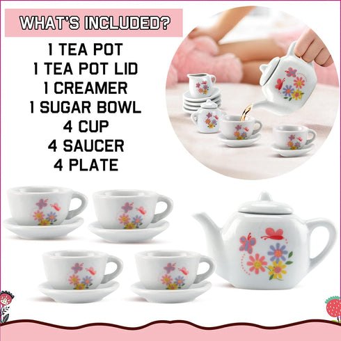 16 Set Playset Piece Rose Flower Miniature Porcelain Ceramic Tea | Kids Toy Mini Pretend Play Kitchen Decorated | Small