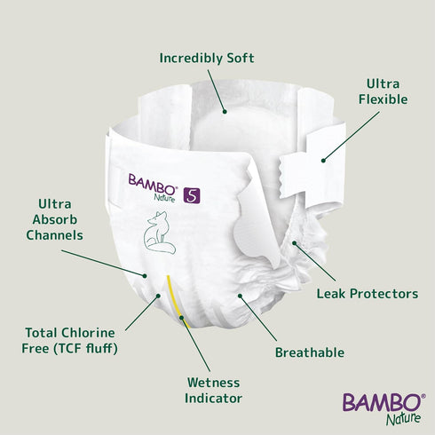 5 (44 Count) Bambo Nature Hypoallergenic Baby Diapers, Eco-Labeled Diapers, Enhanced Leakage Protection, Totally
