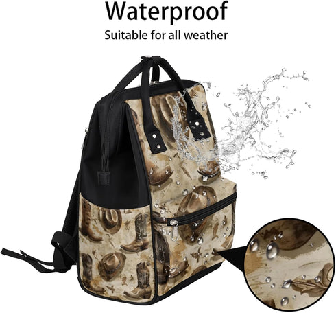 Hsnar Backpack Cowboy Boots Hat Waterproof Diaper Bag Large Capacity Baby Bag with Stroller Straps, Multi-Pocket Diaper