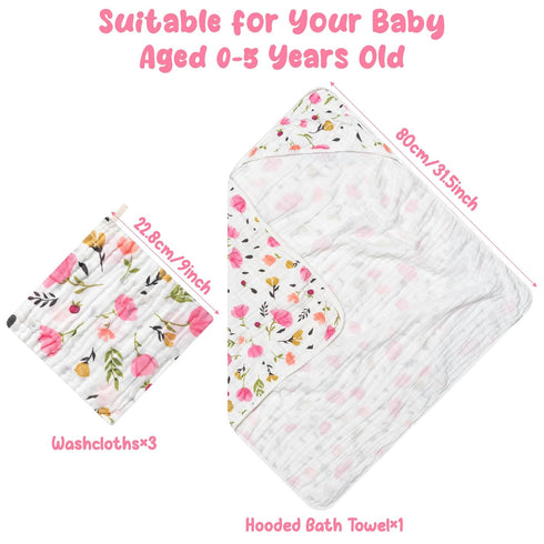4Pcs Set 31.5 31.5 Zainpe Muslin Baby Hooded Towel & Washcloth Spring Pink Flowers Pattern Soft Absorbent Cotton Bath