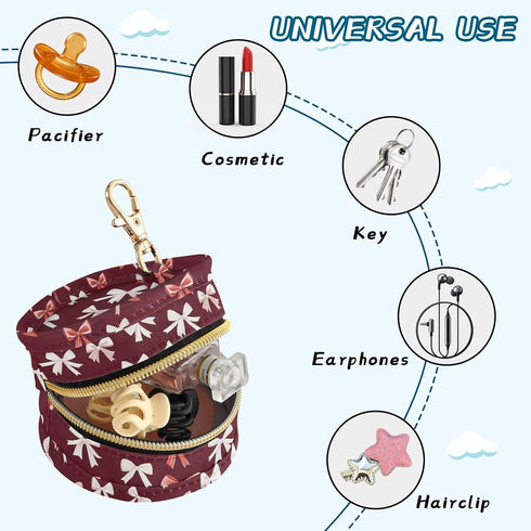 Red and White Bow Pattern Pacifier Holder Case with Hook - Convenient Diaper Bag Accessory