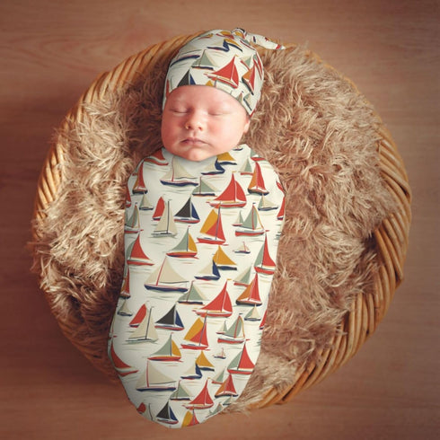 Sailboats Sets Cartoon Newborn Swaddle Blankets Hat Soft Baby Receiving Blanket Swaddle Sack for Baby Shower Infant Boy