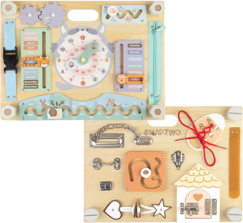Double-Sided Wooden Busy Board for Toddlers, Montessori Travel Sensory Activity Toy for Kids Age 2-5, Ideal for Birthday
