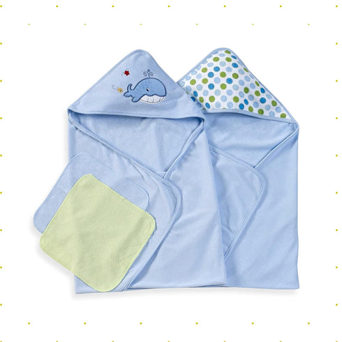 Set 2 2 Spasilk Bath Hooded Towels & Washcloths for Babies, Hooded Terry Bath Towels & Washcloths, Blue Whale
