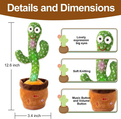 MIAODAM Volume Adjustable Dancing Cactus Toy, Colorful Glowing Plush Toy Singing 120 Songs for Kids