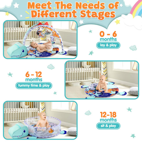 4-in-1 Tummy 4 1 PLAY Baby Play Mat - Dinosaur Baby Gyms & Playmats Time Mat Washable, Baby Activity Center
