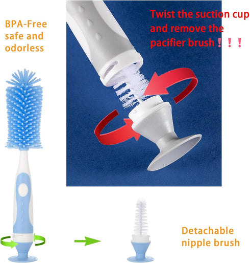 Multifunctional Cleaning Brush, Baby Bottle Brush Cleaner Set Z, Blue Silicone and Nylon Brush with Suction Cup