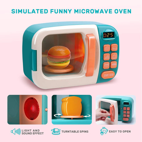 CUTE STONE Microwave Toys Kitchen Play Set, Kids Electronic Oven with Cookware and Play Food