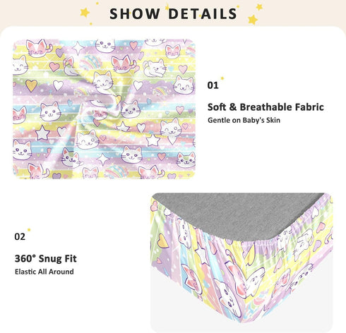 miaozhen 1 Pack 52x28 Cotton Baby Crib Sheets Comfy Breathable Cats Cartoon Children Crib Sheet for Nursery Decor cuna