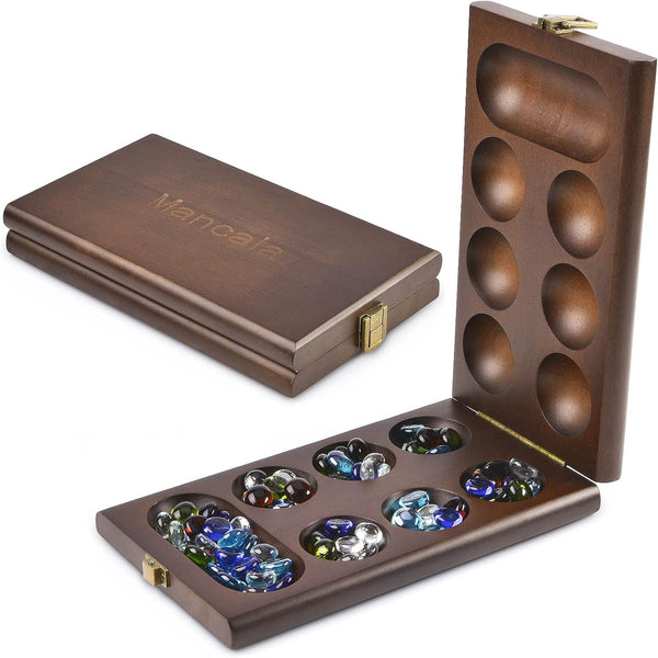 AMEROUS Wooden Mancala Board Game Set with 72+8 Bonus Multi Color Glass Stones - Classic Family Game