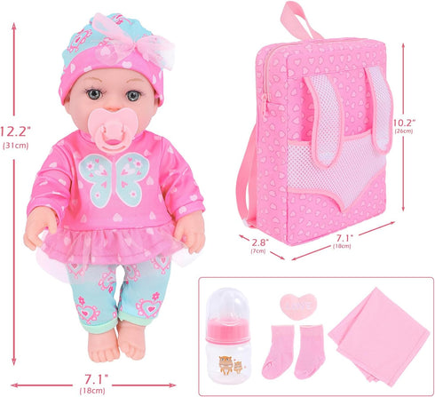 12 Inch Backpack DONTNO Baby Doll with Clothes and Carrier,Reborn Baby Doll with Bottles Nipple