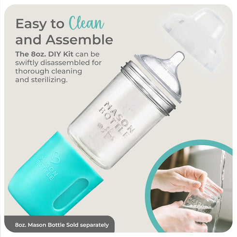 Mason Bottle Glass Baby Bottle DIY Kit, Fits 8oz Mason Jars, Includes 2X Slow Flow Nipples, Silicone Sleeve