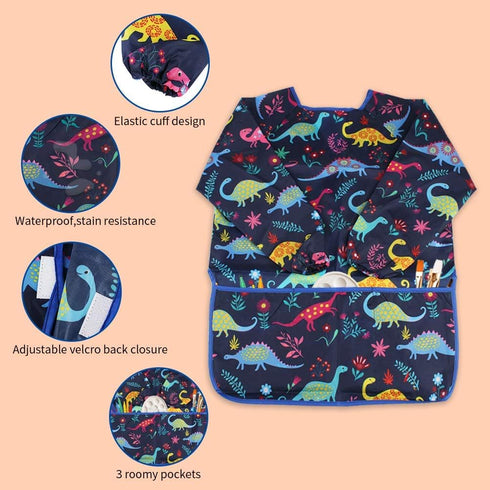 Kids Art Smocks 2 Pack, Dinosaur Painting Apron for Children, Waterproof Artist Smock with Long Sleeve and Pockets