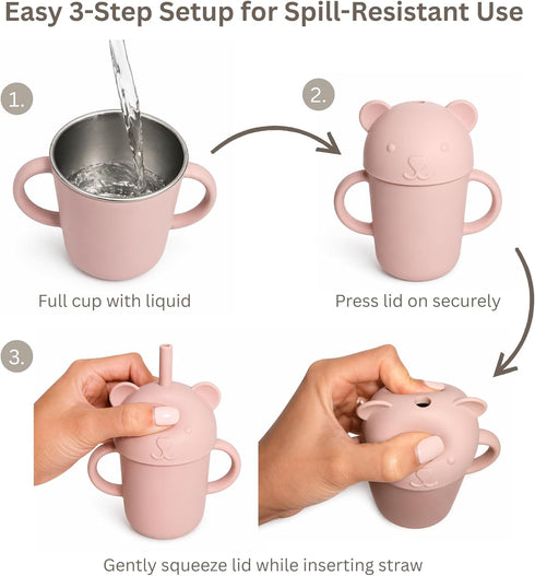 Set (6-Piece) Set (6+ Stainless Steel Baby Feeding Suction Plate & Bowl, Straw Cup, Spoon, Fork & Bib Non-Toxic