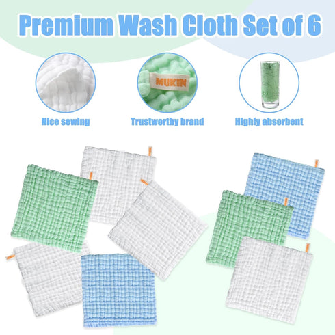 Cloths,16 Pack,12x12 Inches,(Pink,Green,Blue,White) MUKIN Baby Washcloths and Burp
