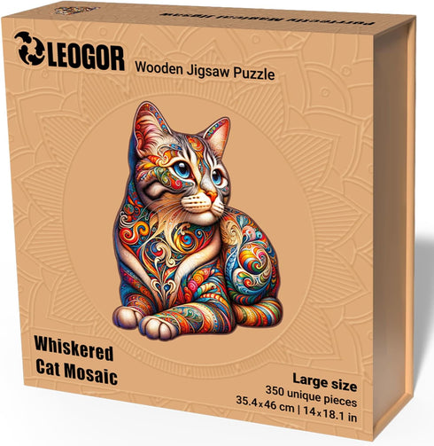 LEOGOR Wooden Puzzles for Adults - Whiskered Cat Mosaic, 350 Piece Large Size (14 x 18.1 in) with Vibrant Flowers