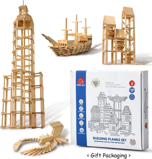 ICEKO KN 100pcs Classic Wooden Building Blocks Set, Solid STEM Toys for Kids, Montessori Toys for Toddlers