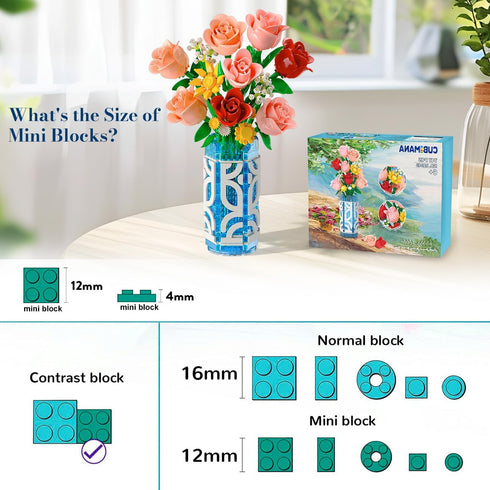 14 Set 747 CUBIMANA Flowers Bouquet Building with Vase and LED Light, for Women, PCS Mini Roses Flower Building Blocks