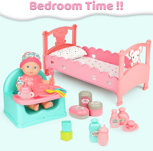 deAO Baby Doll Play Set, 25 PCS Accessories with Chair, Booster Seat, High Crib Toy, Toilet, and Bathtub